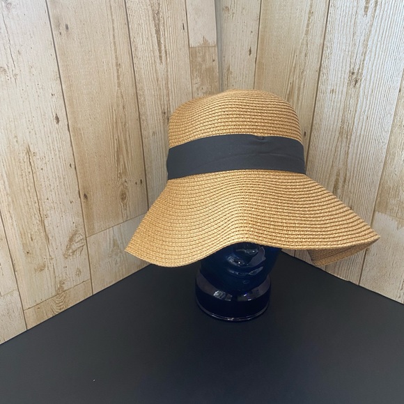 Woven Straw Wide Brim Sun Hat with Black Ribbon - Picture 3 of 7